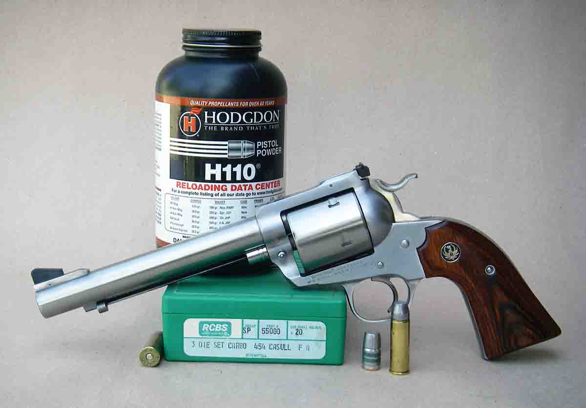 Hodgdon H-110 powder remains a topchoice with heavyweight 300- and 340-grain cast bullets in the .454 Casull. However, handloading data developed specifically for the Freedom Arms Model 83 prior to the cartridge becoming standardized may produce excess pressure for a Ruger Super Blackhawk.